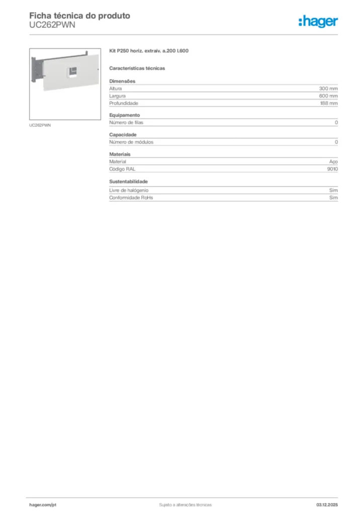Imagem Hager Ficha técnica do produto UC262PWN | Hager Portugal