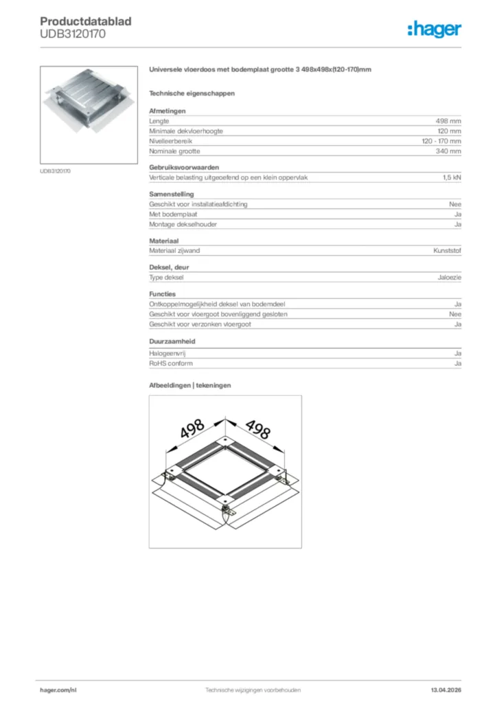 Afbeelding Hager Productdatablad UDB3120170 | Hager Nederland