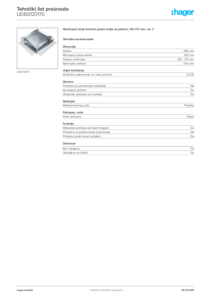 Slika Hager Product data sheet UDB3120170  | Hager