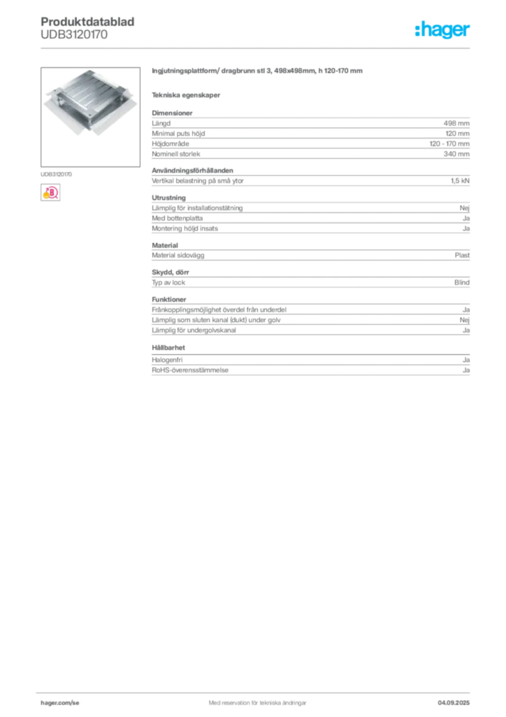 Bild Hager Produktdatablad UDB3120170 | Hager Sverige