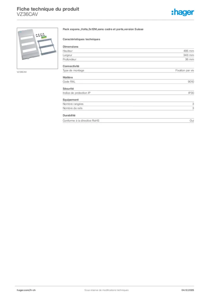 Image Hager Fiche technique du produit VZ36CAV | Hager Suisse
