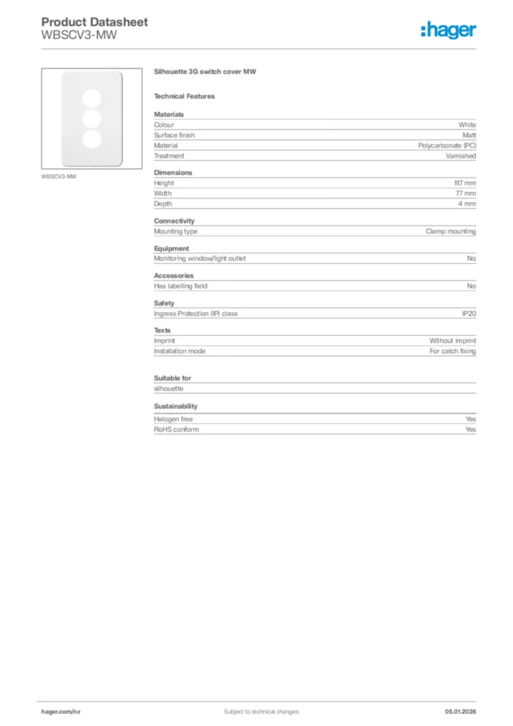 Image Hager Product data sheet WBSCV3-MW  | Hager New Zealand