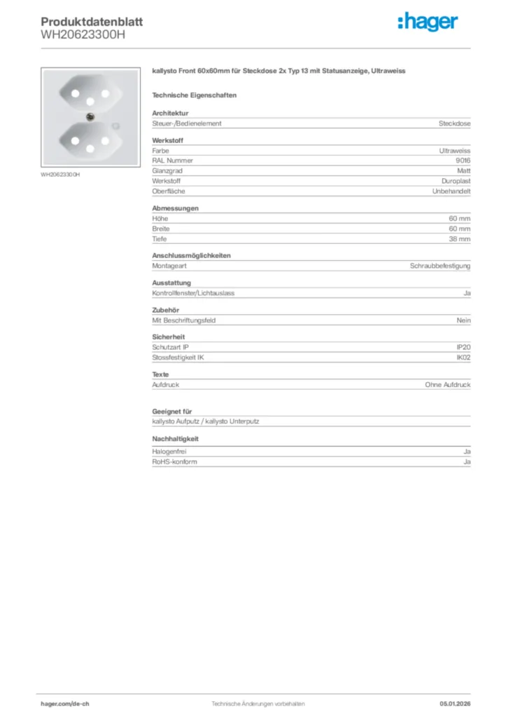 Bild Hager Produktdatenblatt WH20623300H | Hager Schweiz