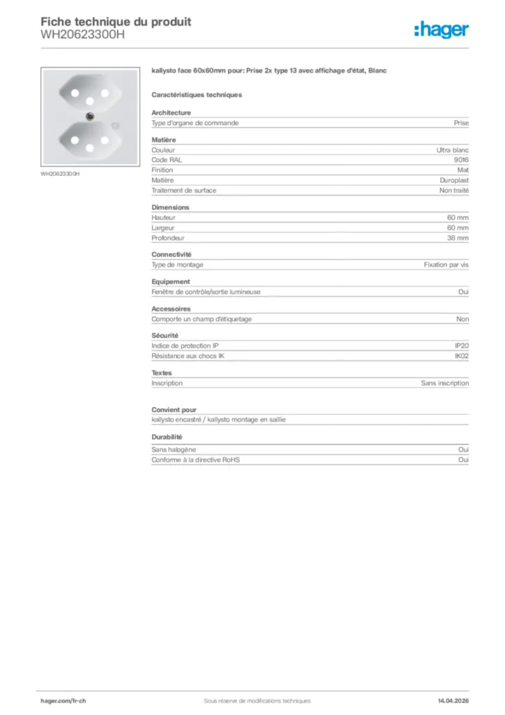 Image Hager Fiche technique du produit WH20623300H | Hager Suisse