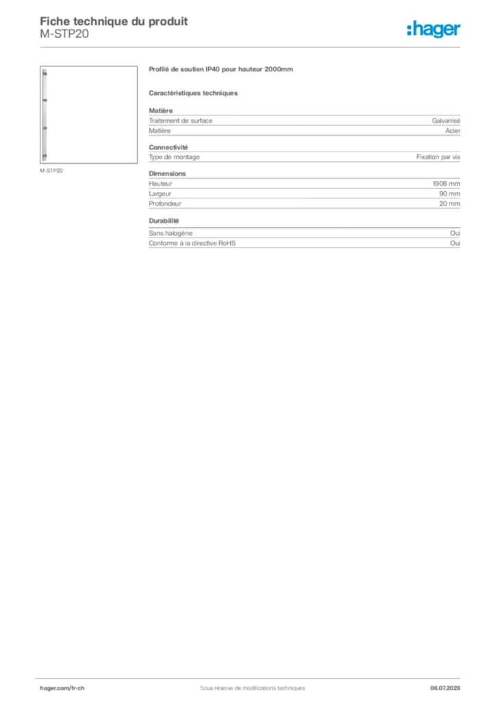Image Hager Fiche technique du produit M-STP20 | Hager Suisse