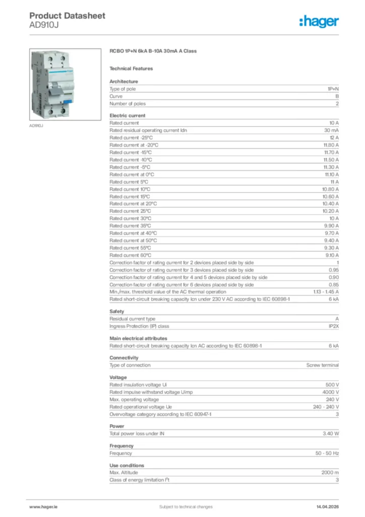 Image Hager Product data sheet AD910J  | Hager