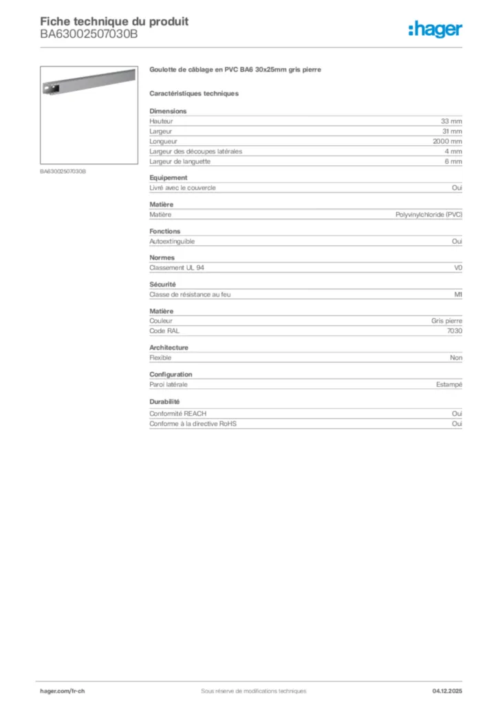 Image Hager Fiche technique du produit BA63002507030B | Hager Suisse