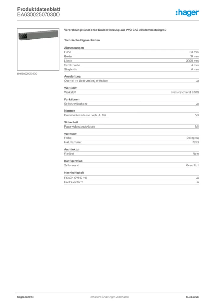 Bild Hager Produktdatenblatt BA63002507030O | Hager Deutschland