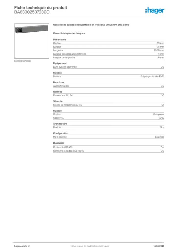 Image Hager Fiche technique du produit BA63002507030O | Hager Suisse
