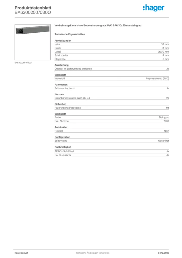 Bild Hager Produktdatenblatt BA63002507030O | Hager Deutschland