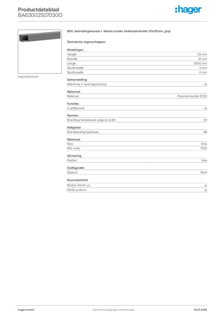 Afbeelding Hager Productdatablad BA63002507030O | Hager Nederland