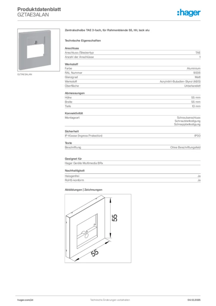Bild Hager Produktdatenblatt GZTAE3ALAN | Hager Deutschland