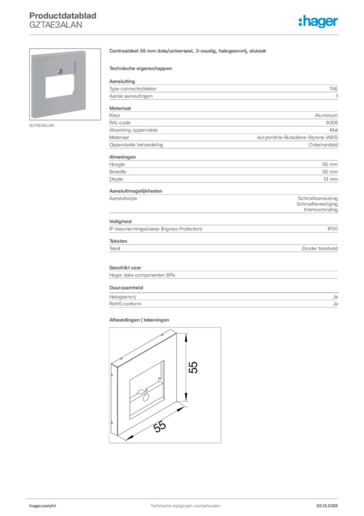 Afbeelding Hager Productdatablad GZTAE3ALAN | Hager Nederland