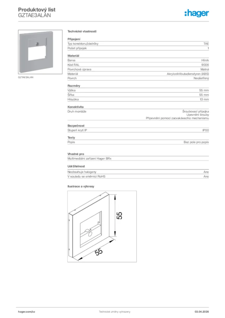 Obrázek Hager Product data sheet GZTAE3ALAN | Hager