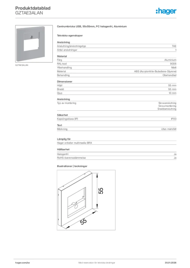 Bild Hager Produktdatablad GZTAE3ALAN | Hager Sverige