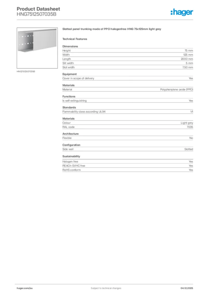 Image Hager Product data sheet HNG7512507035B  | Hager Australia