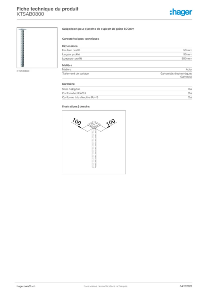 Image Hager Fiche technique du produit KTSAB0800 | Hager Suisse