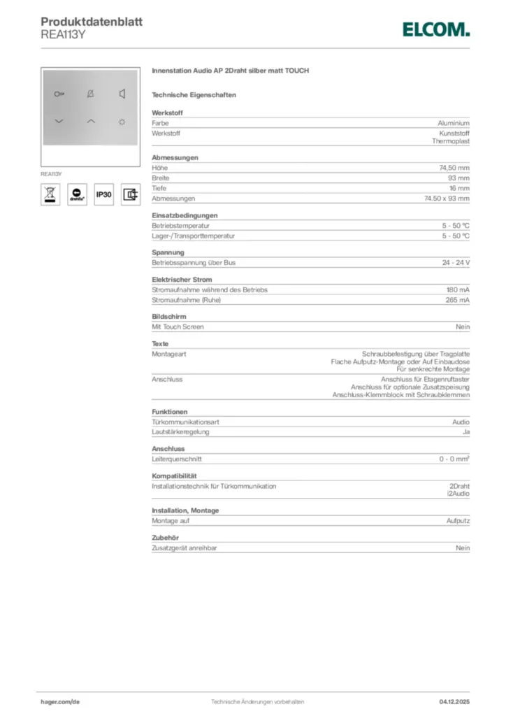 Bild Elcom Produktdatenblatt REA113Y | Hager Deutschland