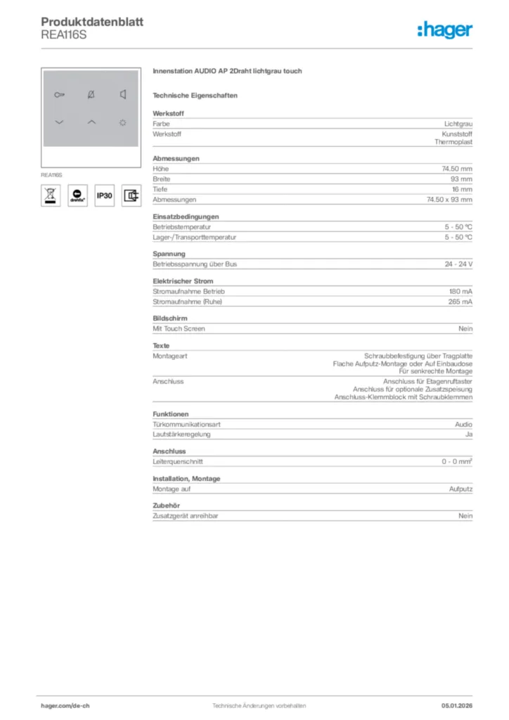 Bild Hager Produktdatenblatt REA116S | Hager Schweiz