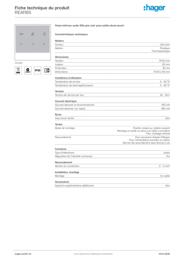 Image Hager Fiche technique du produit REA116S | Hager Suisse