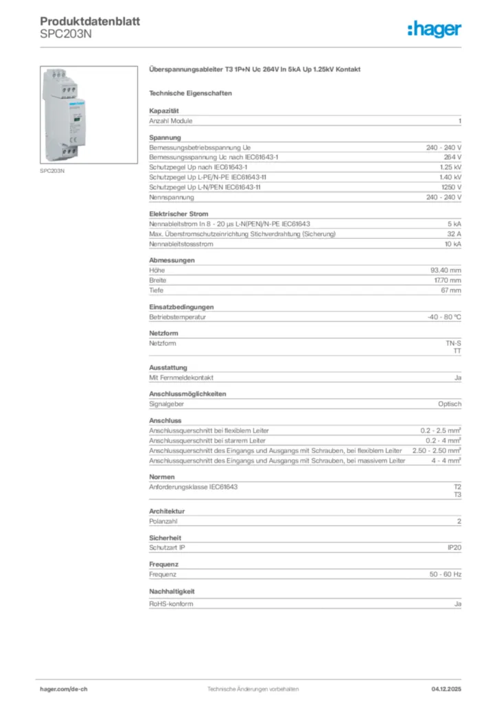 Bild Hager Produktdatenblatt SPC203N | Hager Schweiz