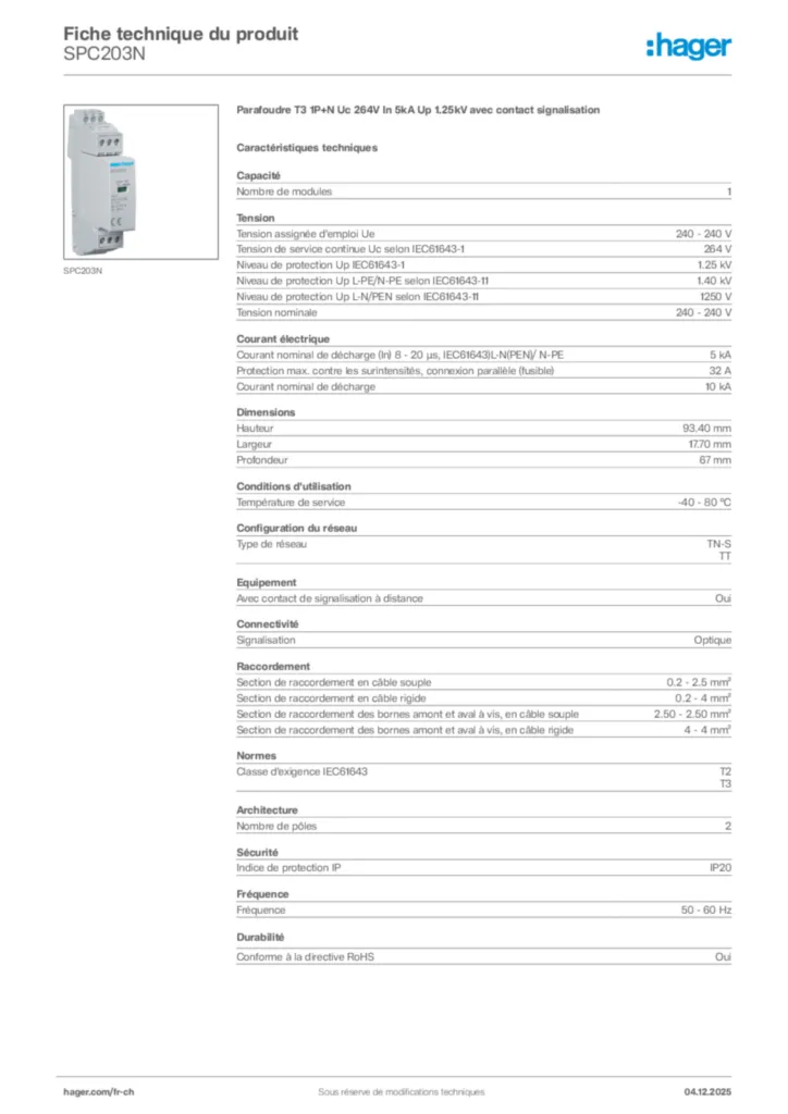 Image Hager Fiche technique du produit SPC203N | Hager Suisse