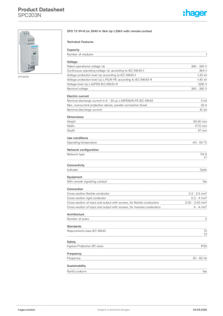 Image Hager Product data sheet SPC203N  | Hager