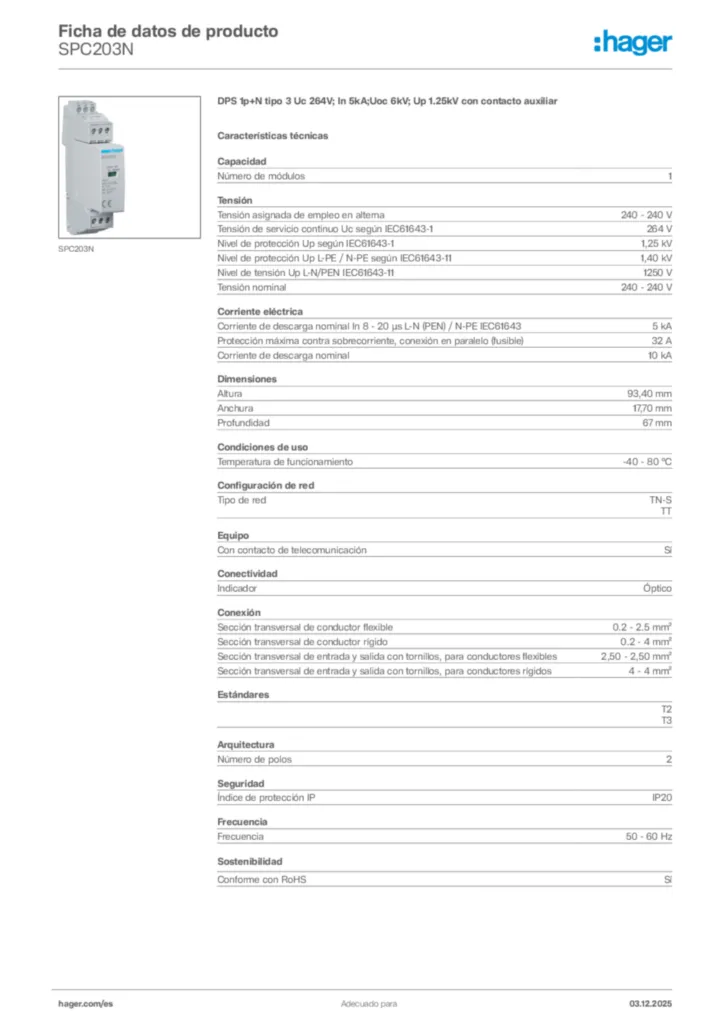 Imagen Hager Ficha de datos de producto SPC203N | Hager España