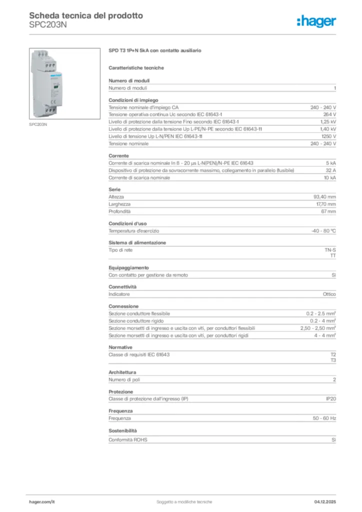 Immagine Hager Scheda tecnica del prodotto SPC203N | Hager Italia