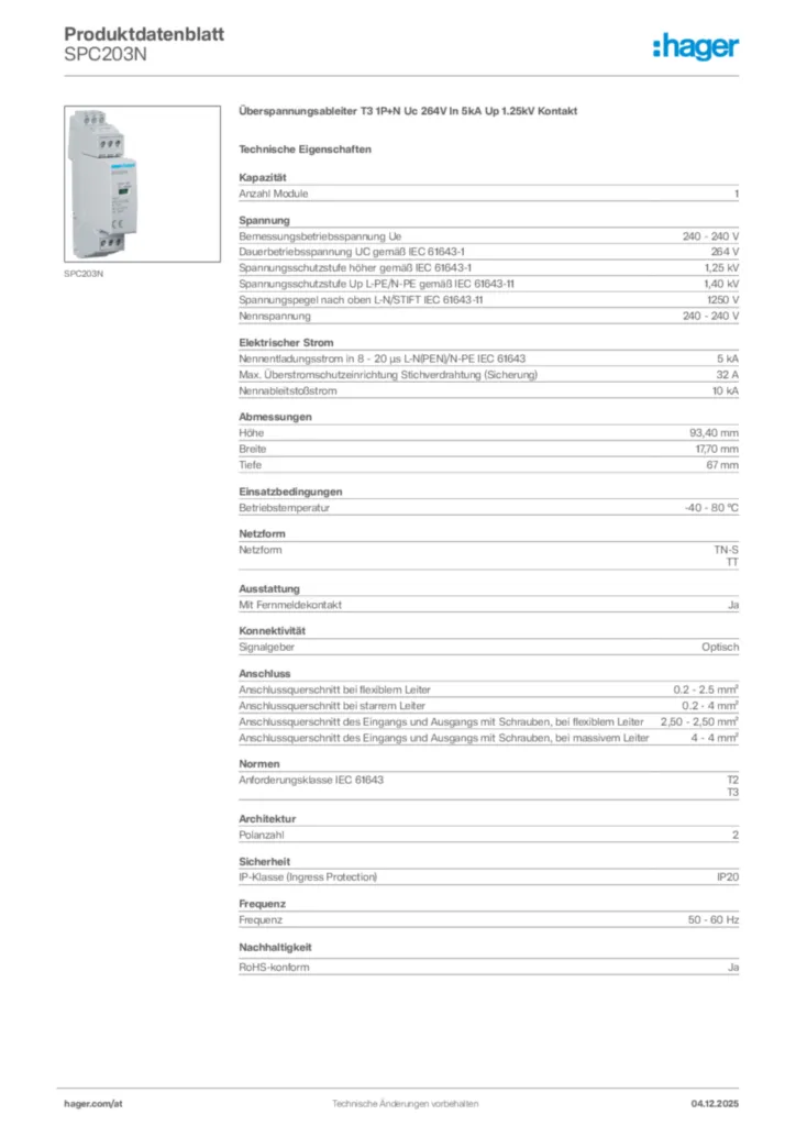 Bild Hager Produktdatenblatt SPC203N | Hager Deutschland