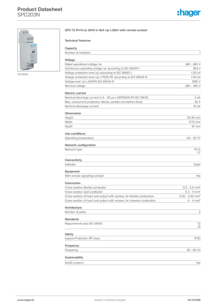 Image Hager Product data sheet SPC203N  | Hager