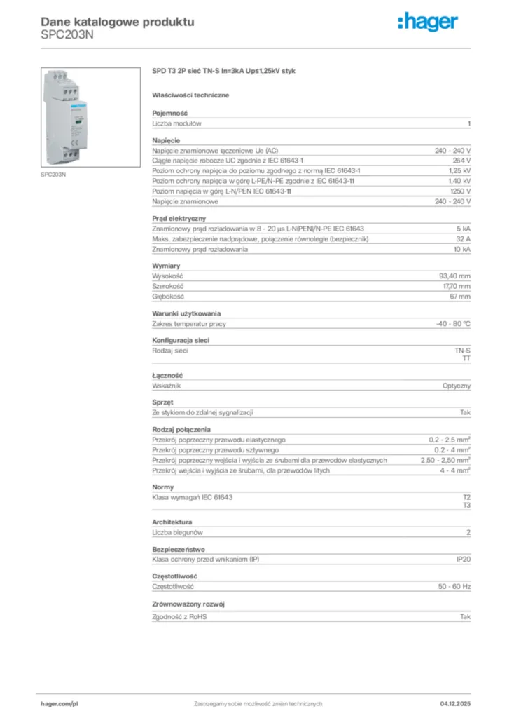 Zdjęcie Hager Dane katalogowe produktu SPC203N | Hager Polska
