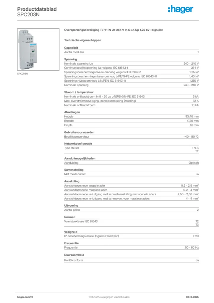 Afbeelding Hager Productdatablad SPC203N | Hager Nederland