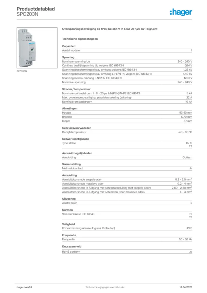 Afbeelding Hager Productdatablad SPC203N | Hager Nederland