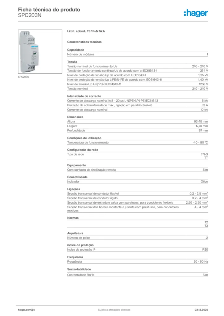 Imagem Hager Ficha técnica do produto SPC203N | Hager Portugal