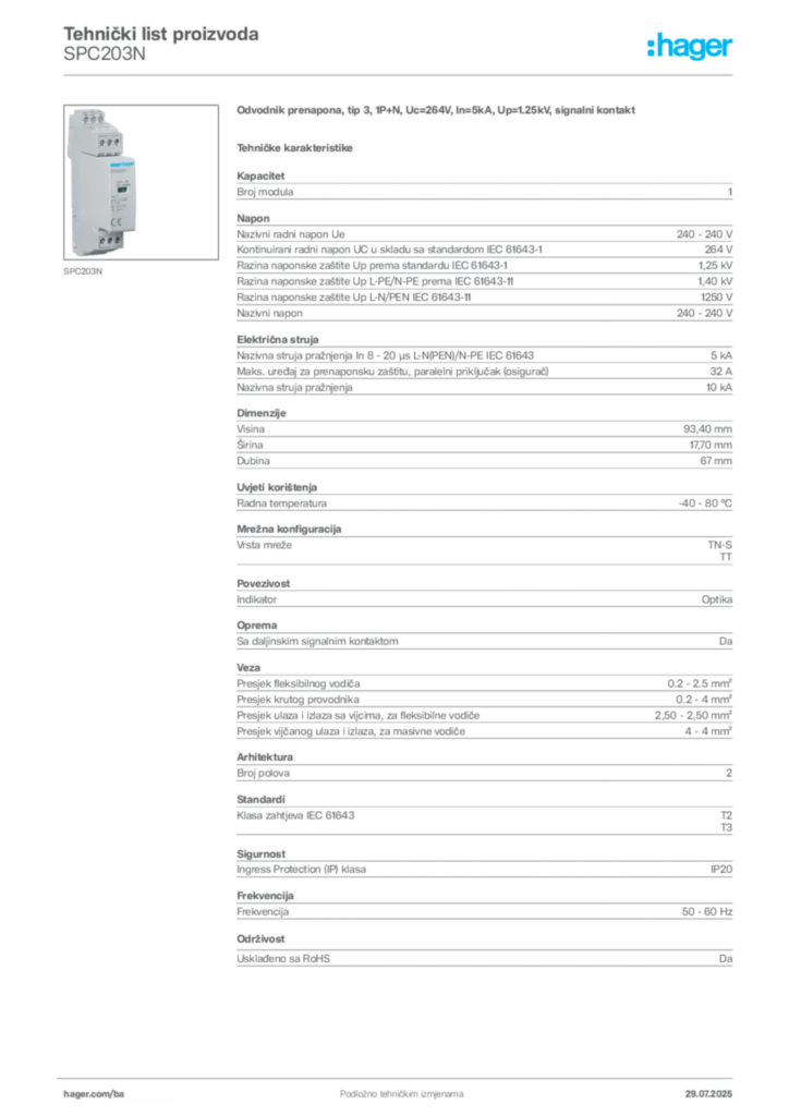 Slika Hager Product data sheet SPC203N  | Hager