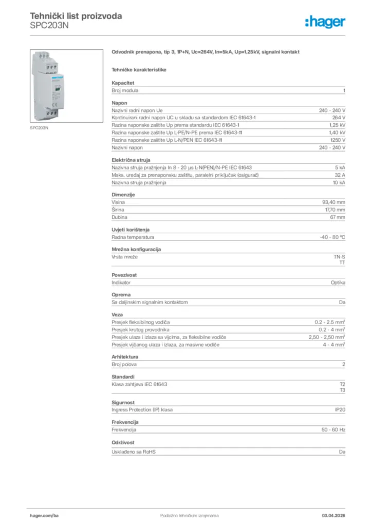 Slika Hager Tehnički list proizvoda SPC203N  | Hager