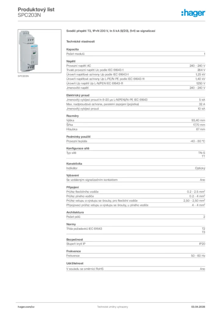 Obrázek Hager Product data sheet SPC203N | Hager