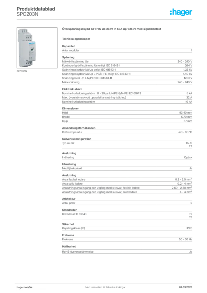 Bild Hager Produktdatablad SPC203N | Hager Sverige