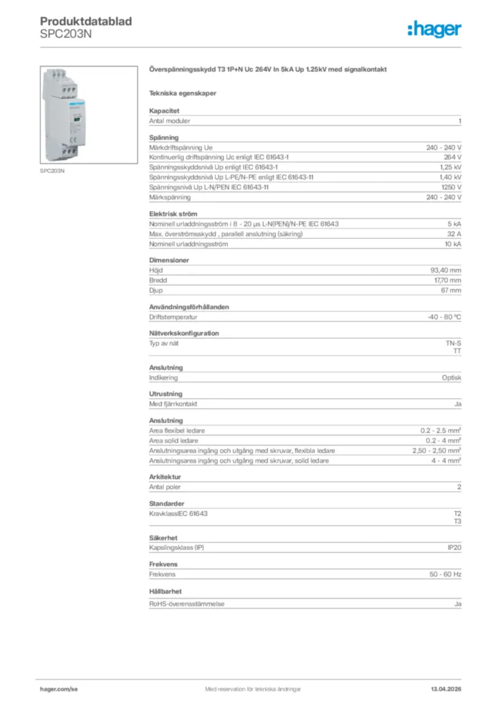 Bild Hager Produktdatablad SPC203N | Hager Sverige
