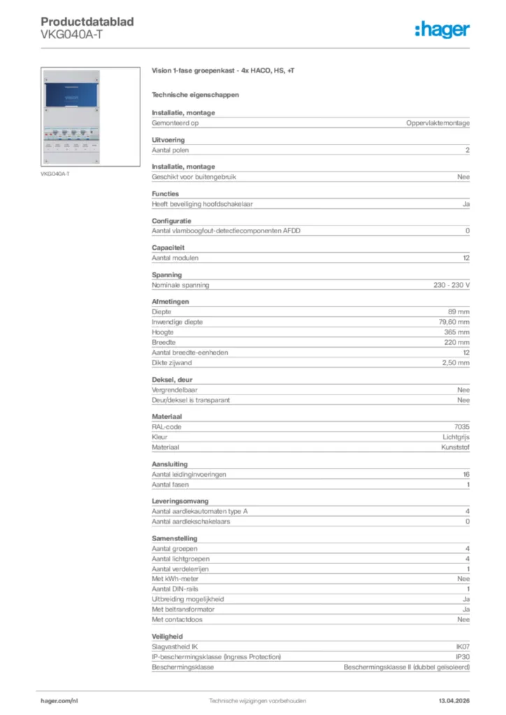Afbeelding Hager Productdatablad VKG040A-T | Hager Nederland