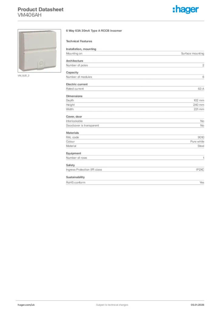 Image Hager Product data sheet VM406AH  | Hager