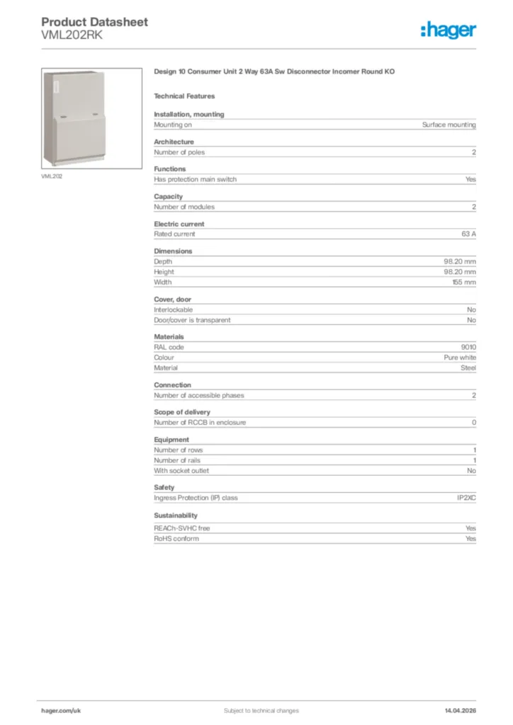 Image Hager Product data sheet VML202RK  | Hager