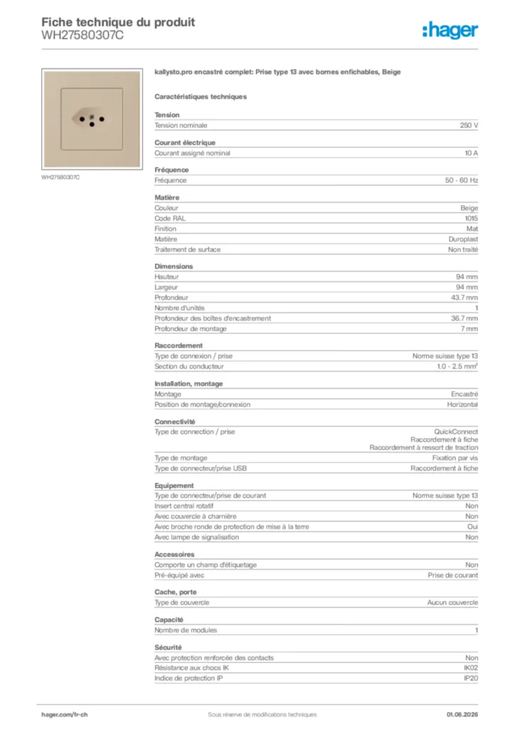 Image Hager Fiche technique du produit WH27580307C | Hager Suisse