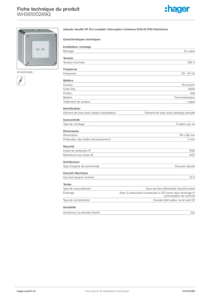 Image Hager Fiche technique du produit WH36100249Q | Hager Suisse