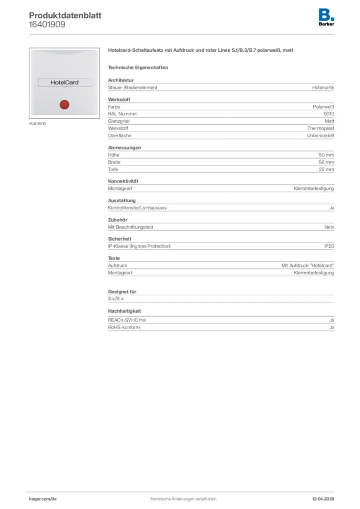 Bild Berker Produktdatenblatt 16401909 | Hager Deutschland