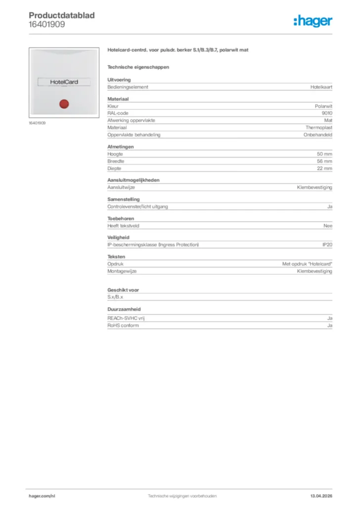 Afbeelding Hager Productdatablad 16401909 | Hager Nederland