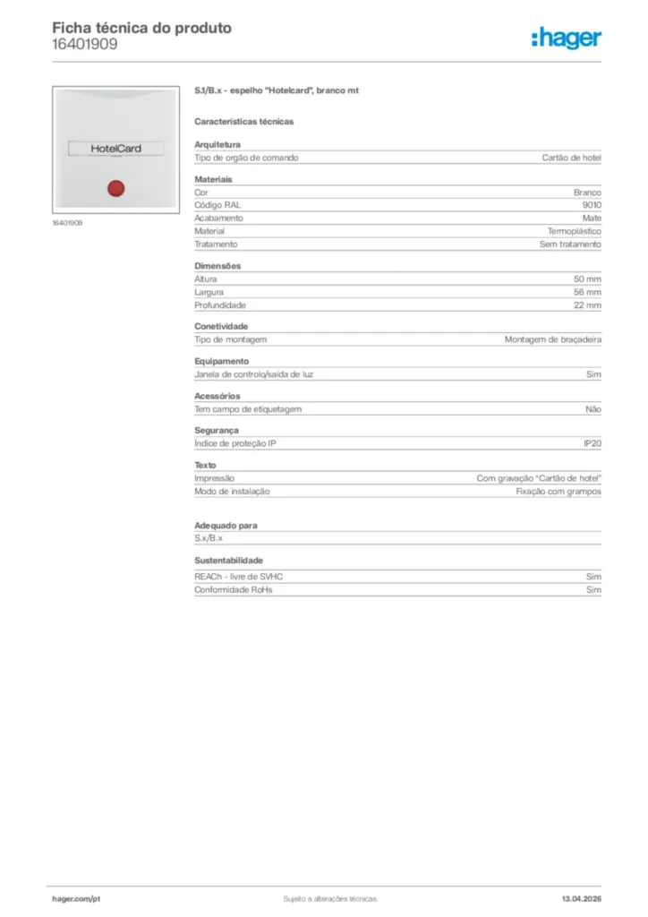 Imagem Hager Ficha técnica do produto 16401909 | Hager Portugal