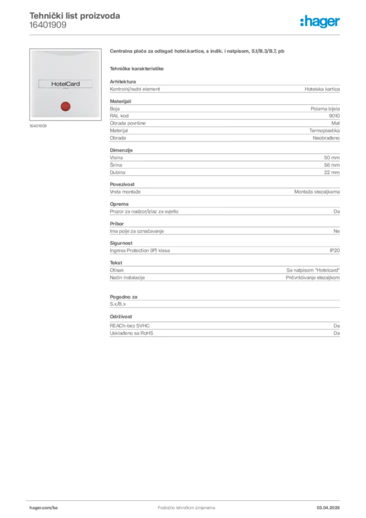 Slika Hager Tehnički list proizvoda 16401909  | Hager