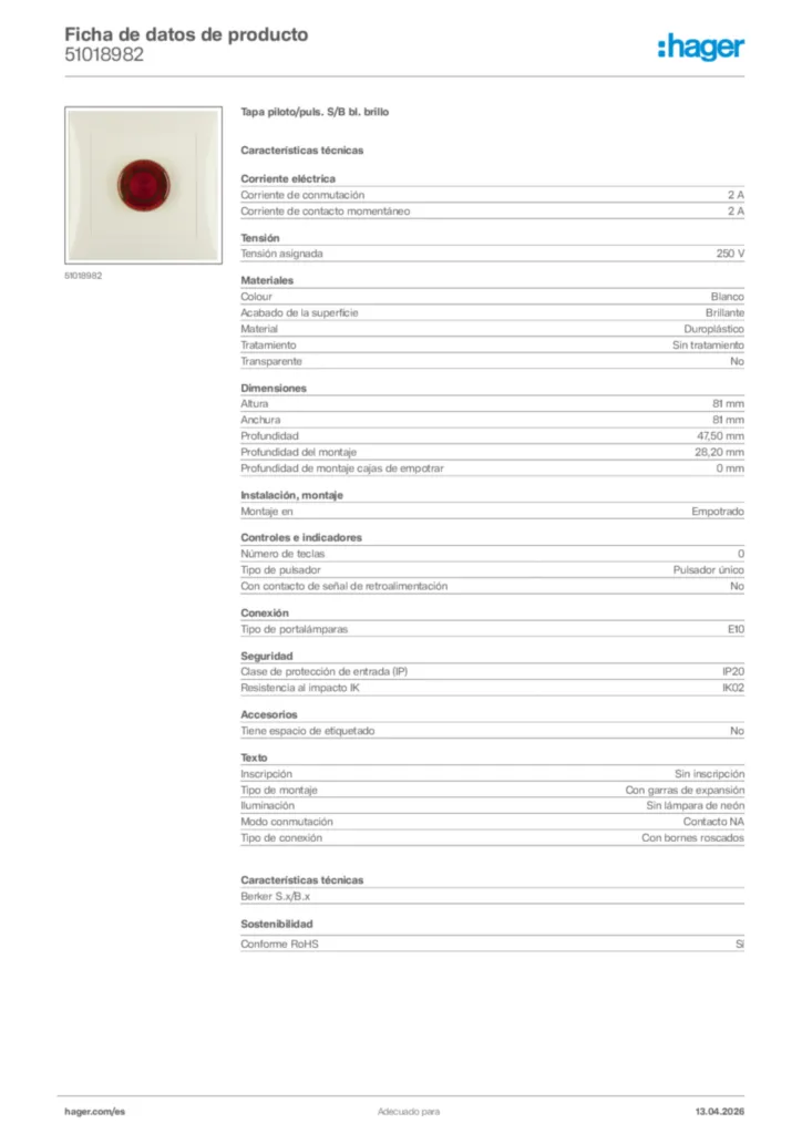 Imagen Hager Ficha de datos de producto 51018982 | Hager España